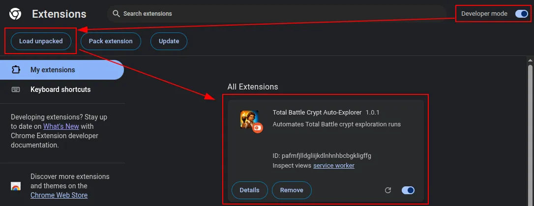 Chrome extensions page with Developer mode enabled, the Load unpacked button highlighted, and the loaded Total Battle crypt automation bot entry.