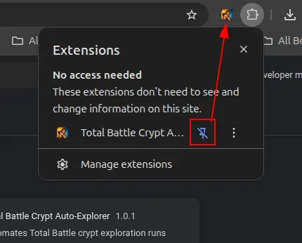 Chrome toolbar extensions menu showing the Total Battle crypt automation bot with its pin icon highlighted.